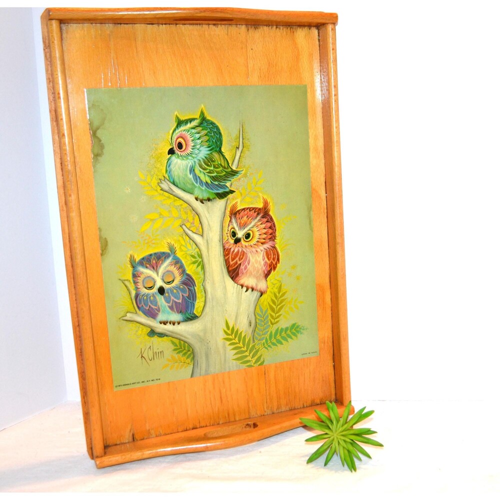 Owls 1970s on Wood Tray Kitschy Cottage Core Retro